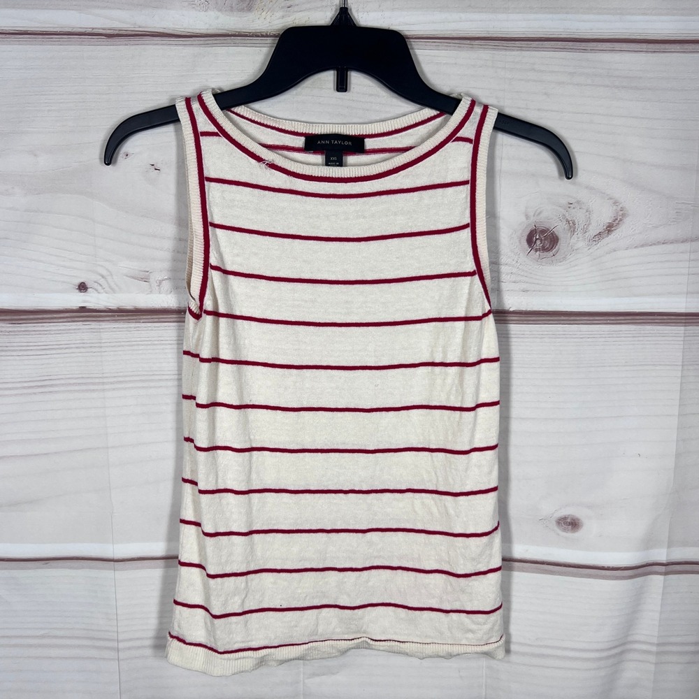 Ann Taylor Tank Top Women XXS White Red Striped Sleeveless Knit Casual Shell